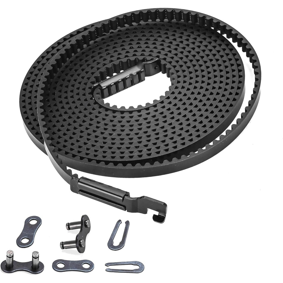 Coiled 41A5250 garage door opener belt with metal master link and installation hardware components.