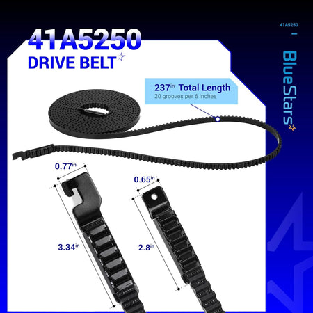 41A5250 garage door opener drive belt with dimension labels showing 237-inch total length and connector details.