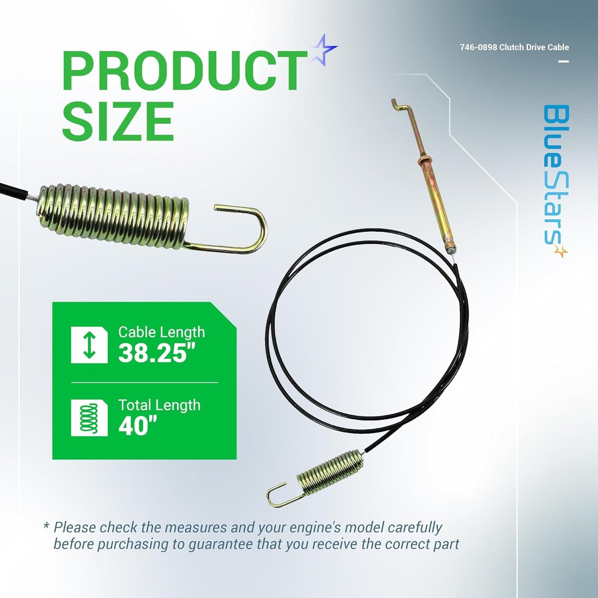 746-0898 clutch drive cable showing 38.25-inch cable length and 40-inch total length specifications.
