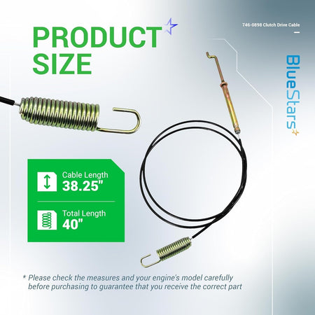 746-0898 clutch drive cable showing 38.25-inch cable length and 40-inch total length specifications.