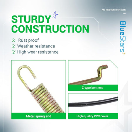 Infographic showing the metal spring, Z-type bent end, and PVC cover of the 746-0898 clutch drive cable.