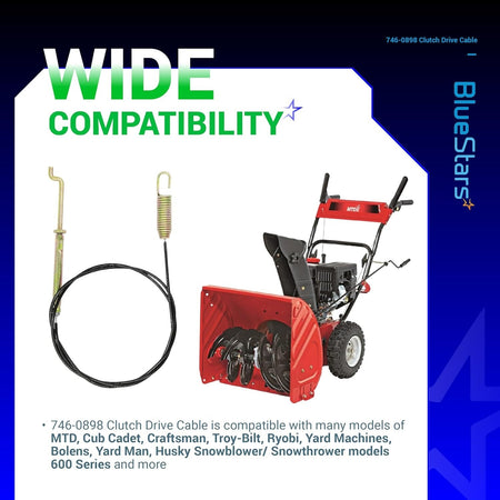 746-0898 clutch drive cable shown with a compatible snowblower and list of compatible brands.