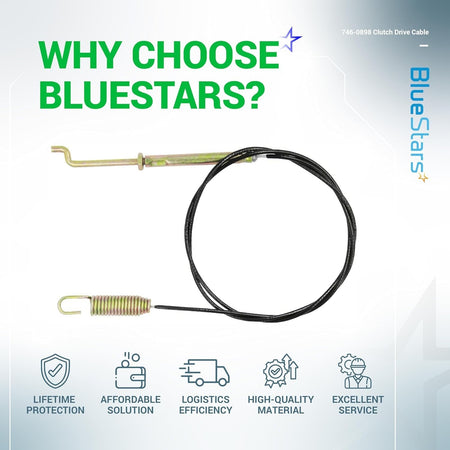 746-0898 clutch drive cable with metal hook, tension spring, and black protective casing on a branded background.