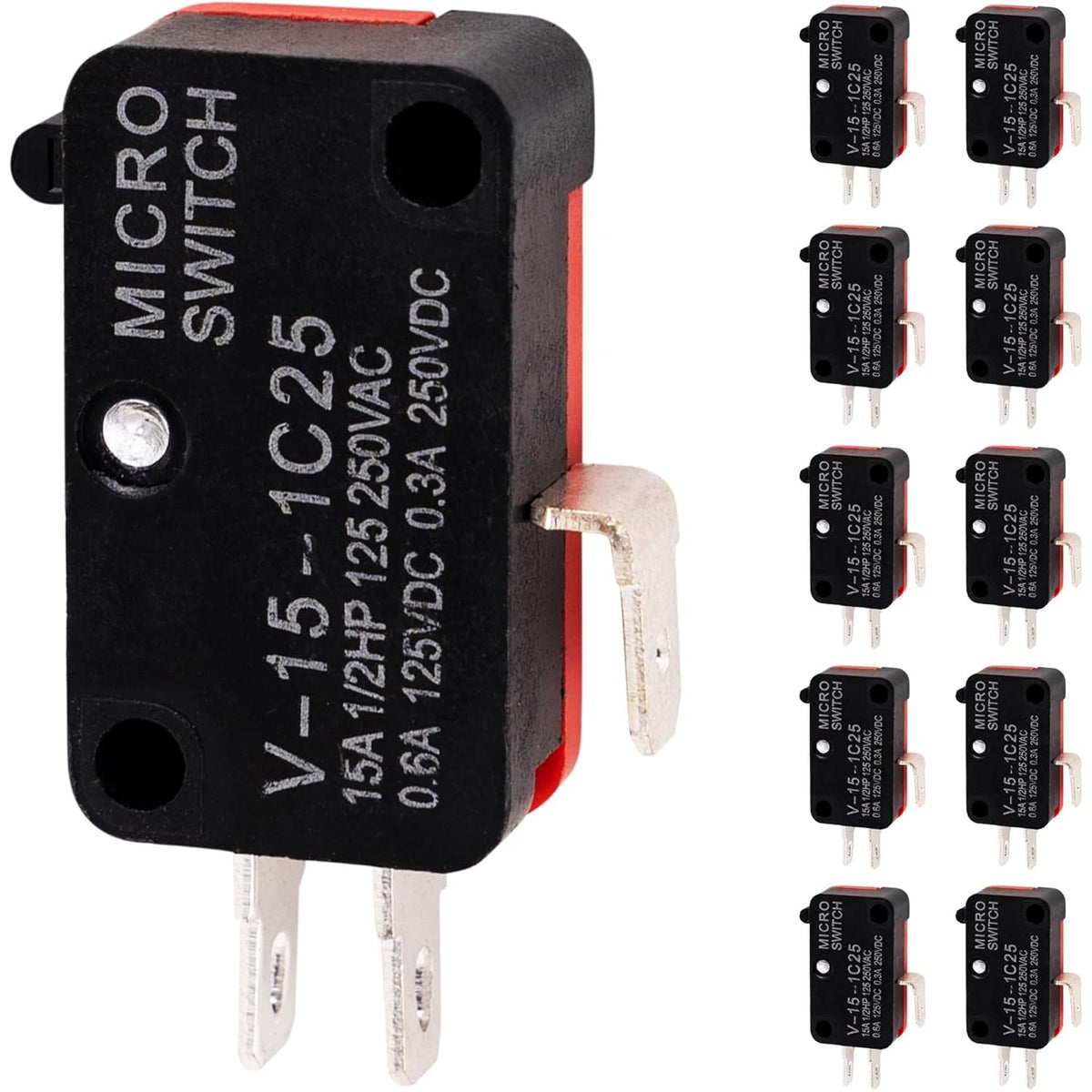 Pack of ten V-15-1C25 momentary micro limit switches with blade terminals.