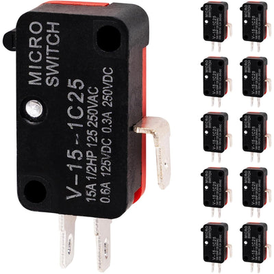 Pack of ten V-15-1C25 momentary micro limit switches with blade terminals.
