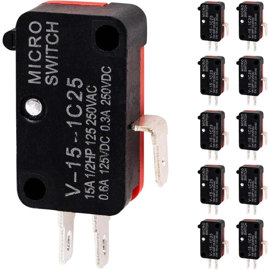 Pack of ten V-15-1C25 momentary micro limit switches with blade terminals.