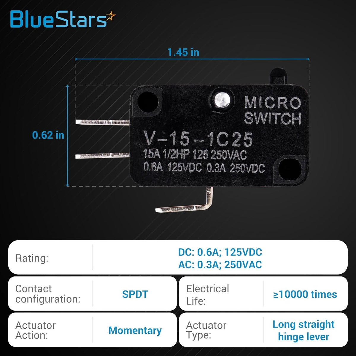 V-15-1C25 micro limit switch with dimensions and technical specifications diagram.