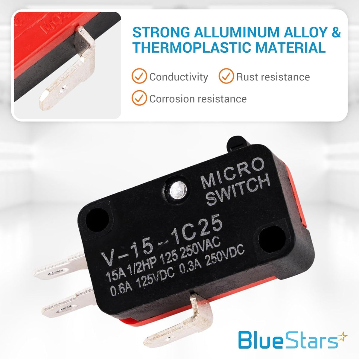 Close-up of V-15-1C25 micro limit switch showing terminal pins and material specifications.