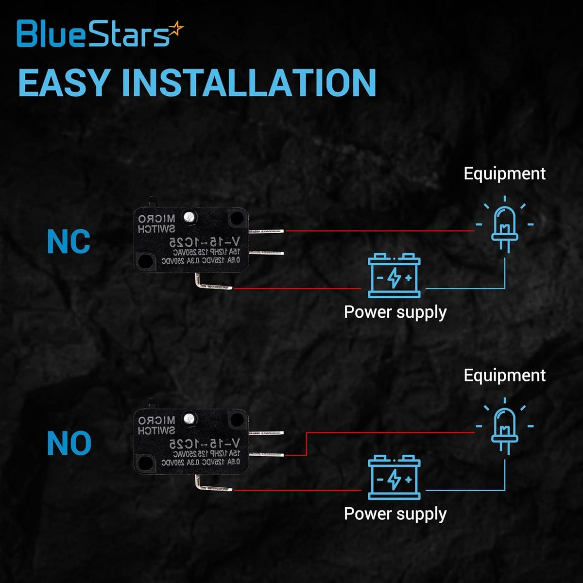 Diagram showing NC and NO wiring installation for V-15-1C25 micro limit switch with power supply and equipment.
