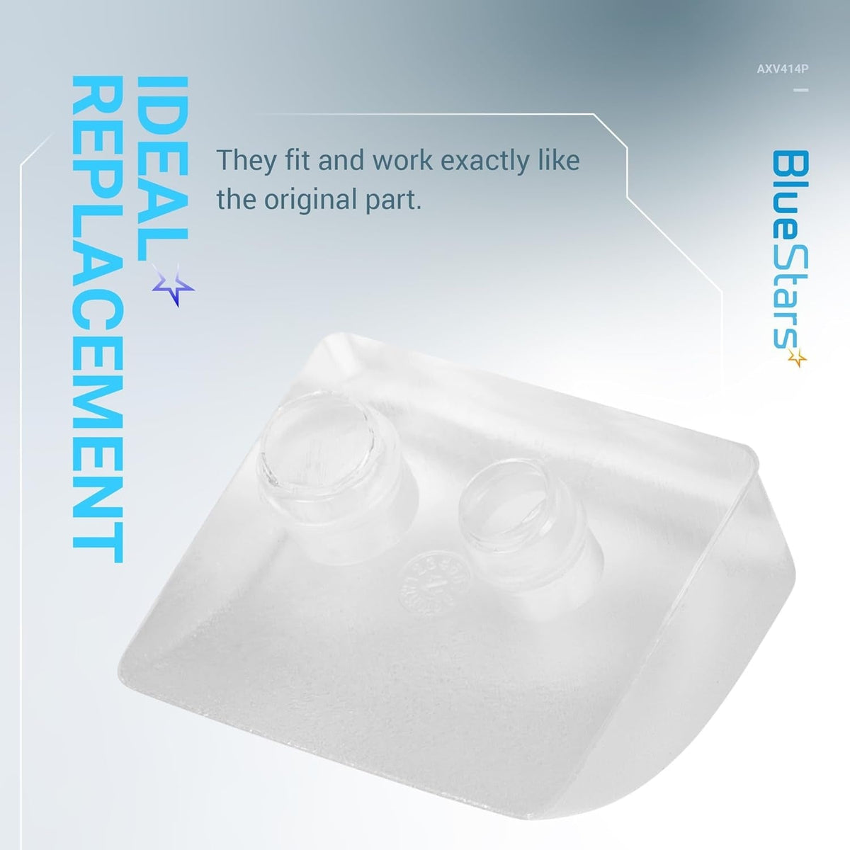 Close-up of a single clear AXV414P pool vacuum cleaner pod shoe replacement part.
