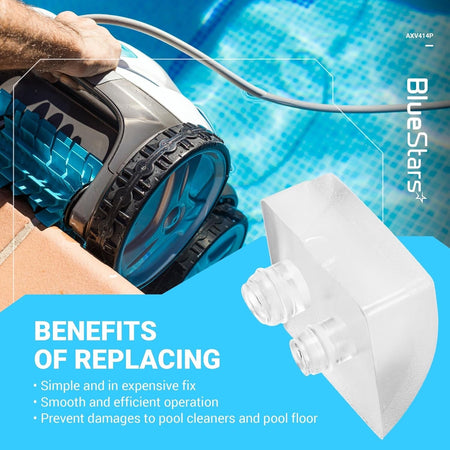 AXV414P pool vac cleaner pod shoe replacement shown with a pool cleaner and benefits list.
