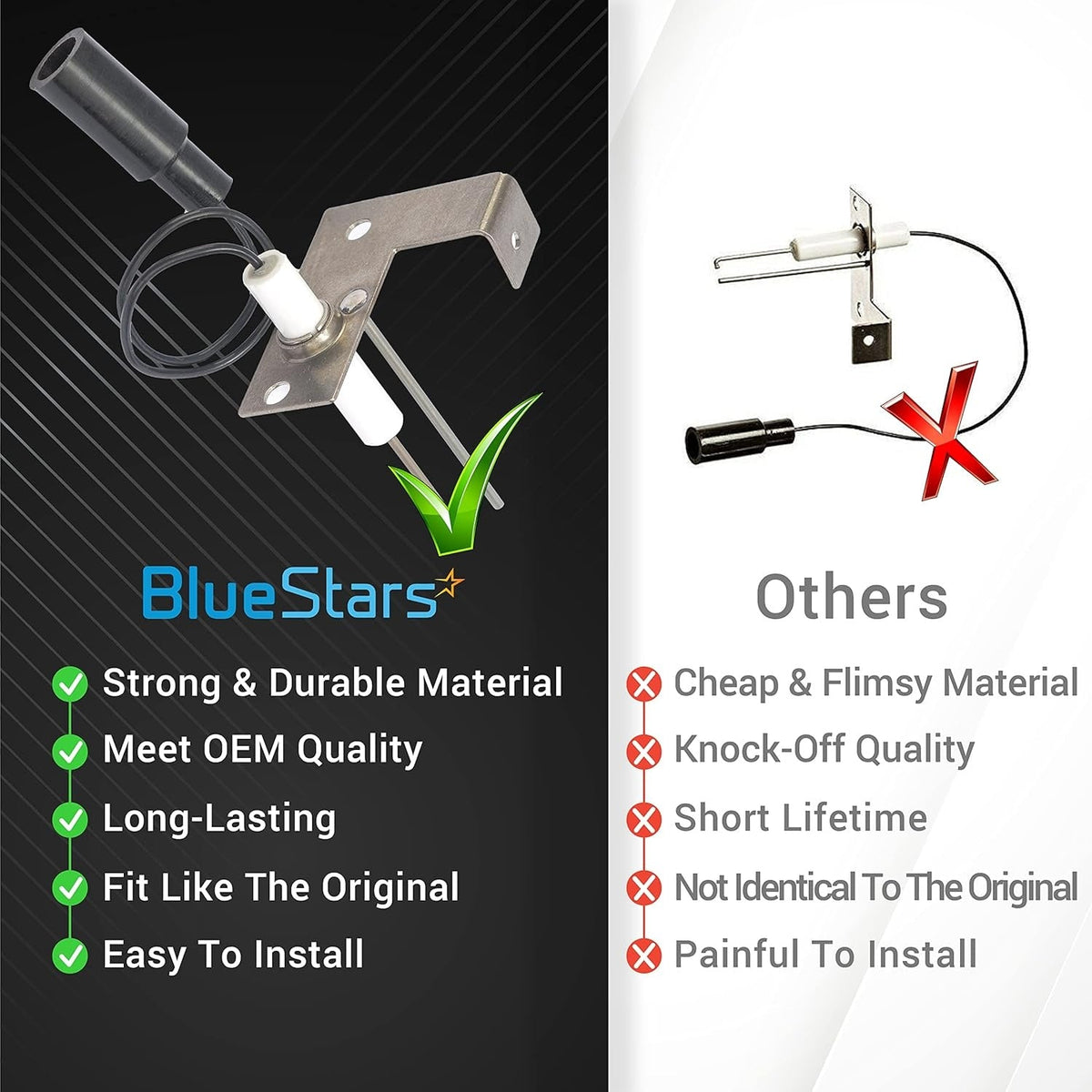 Comparison chart showing BlueStars 2-prong water heater igniter and sense electrode versus generic alternatives.