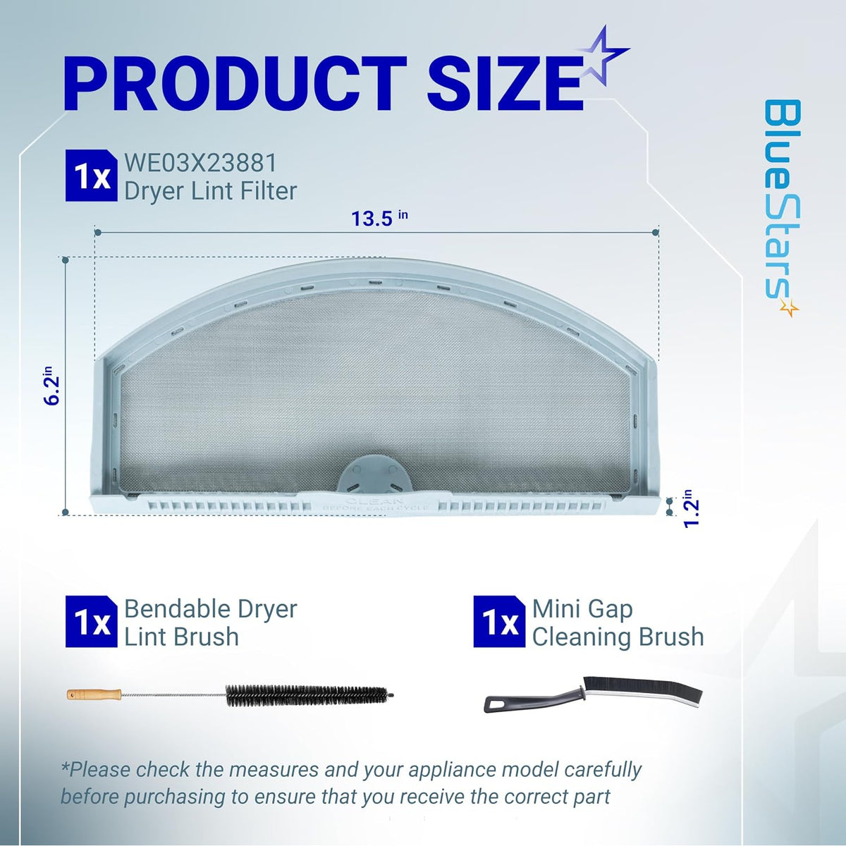 WE03X23881 dryer lint filter, size diagram with lint filter and two cleaning brushes