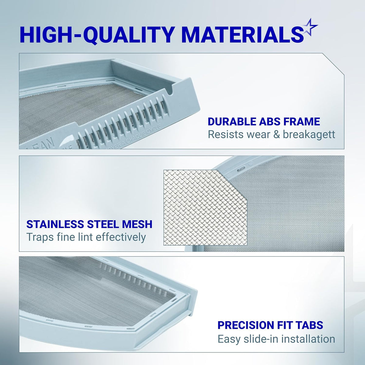 WE03X23881 Dryer lint filter, close-up graphic showing ABS frame, stainless steel mesh, and precision-fit tabs.
