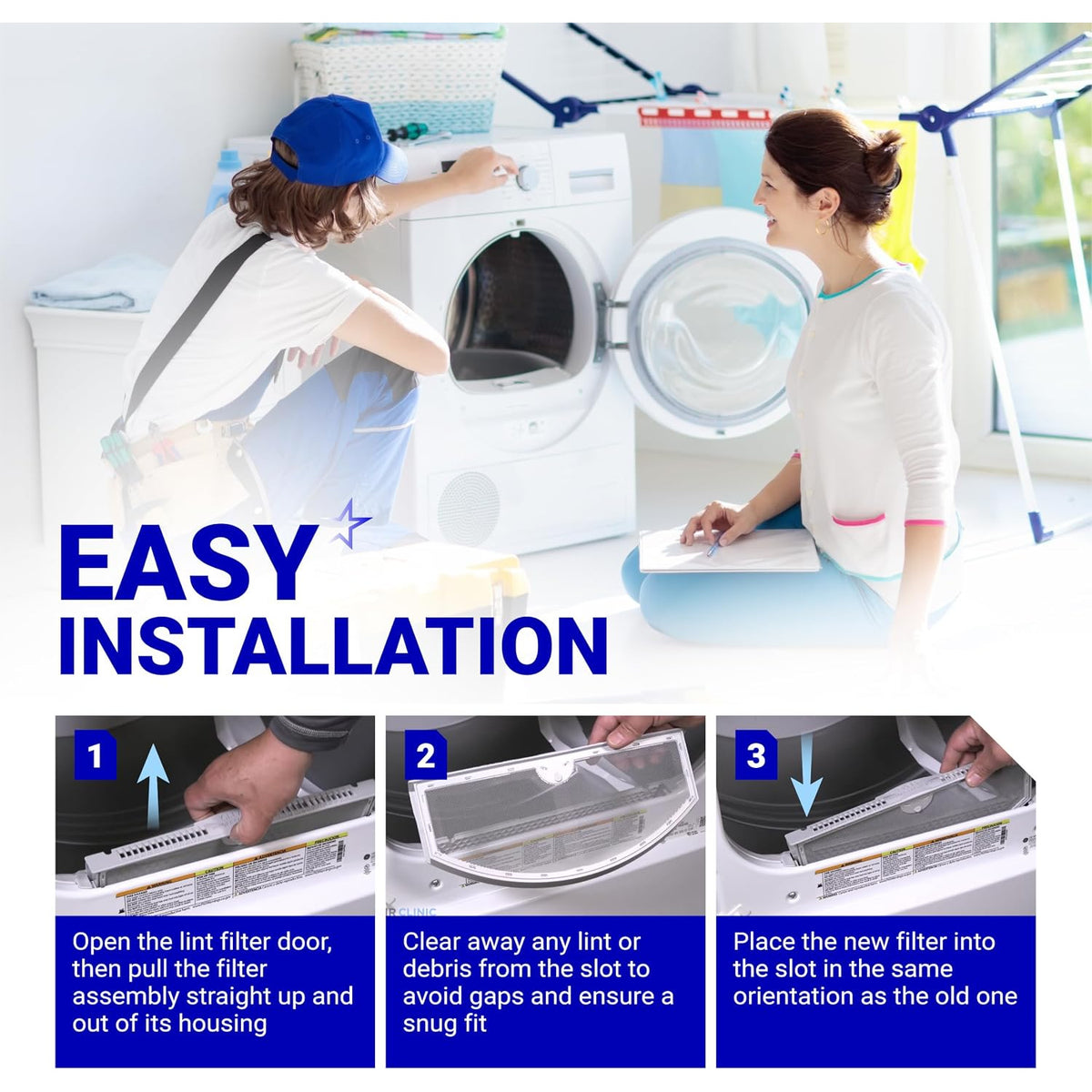 WE03X23881 Dryer lint filter, easy-installation graphic showing three steps for replacing a dryer filter