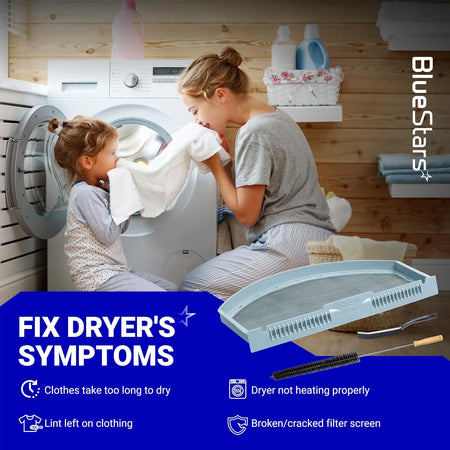 WE03X23881 dryer lint filter, product shown with family using a dryer and text listing dryer symptoms