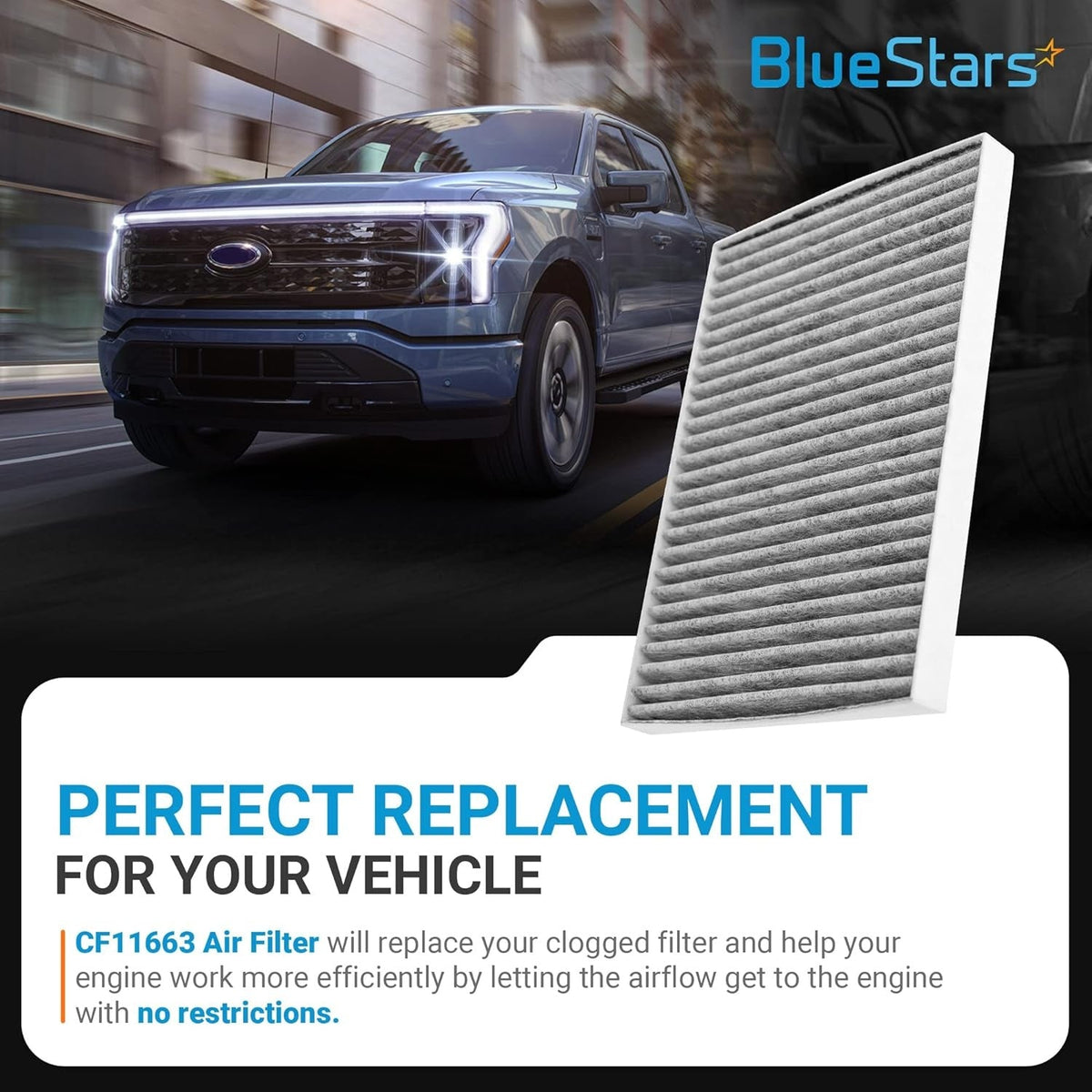 Single CF11663 activated carbon cabin air filter replacement part shown next to a truck.
