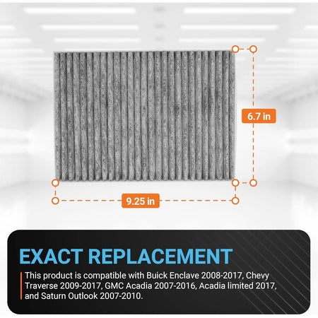 CF11663 activated carbon cabin air filter showing 9.25 x 6.7 inch dimensions and vehicle compatibility list.