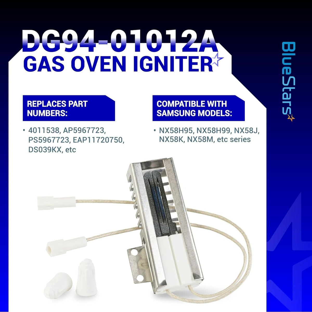 DG94-01012A gas oven igniter for Samsung ranges with wire leads and ceramic wire nuts.