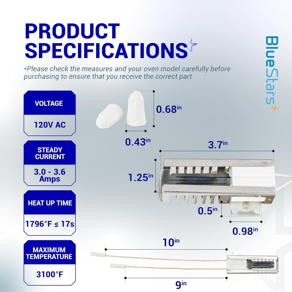 DG94-01012A gas oven igniter technical specification diagram with dimensions and electrical ratings for Samsung ranges.