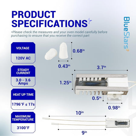 DG94-01012A gas oven igniter technical specification diagram with dimensions and electrical ratings for Samsung ranges.