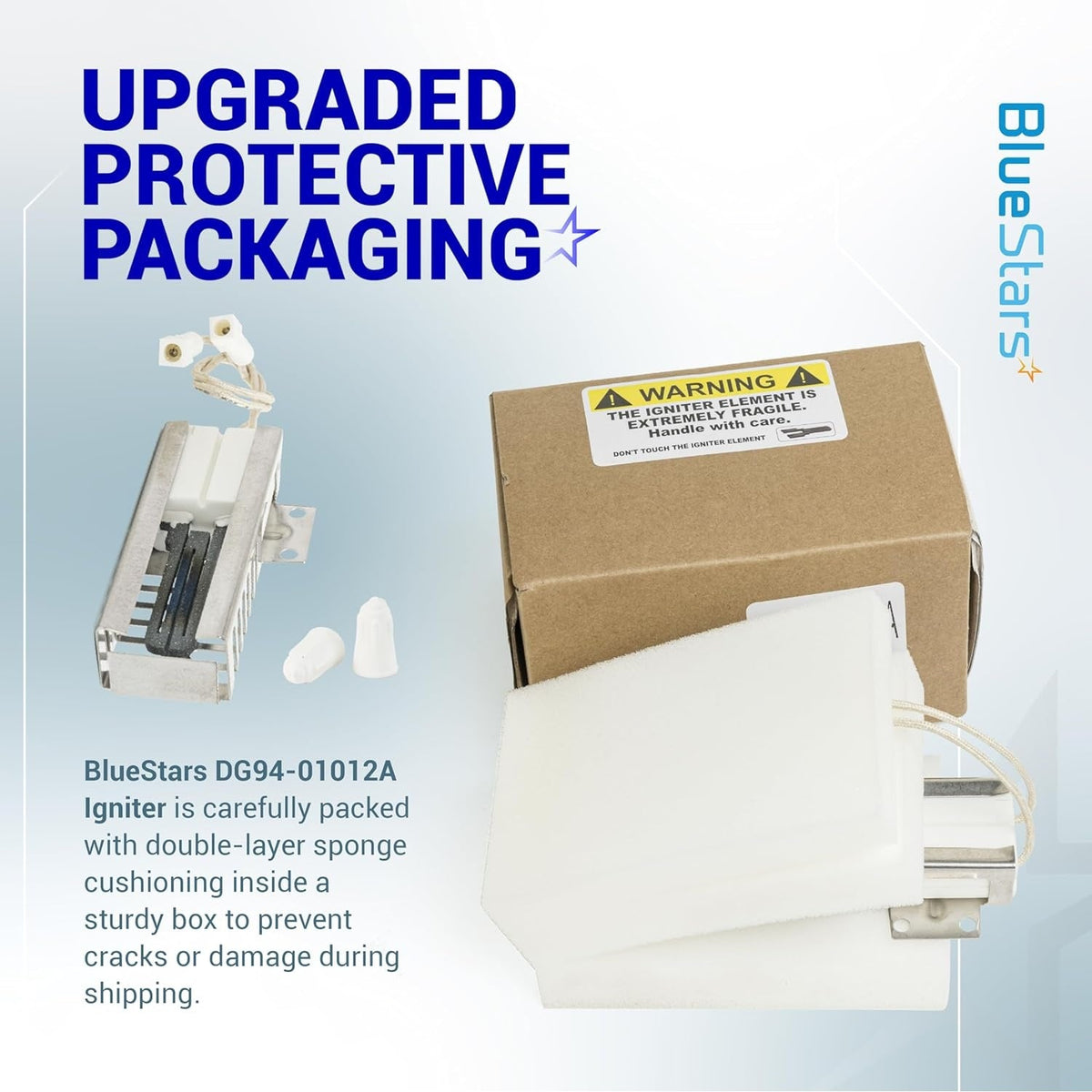 DG94-01012A gas oven igniter shown with protective sponge cushioning and warning label packaging.