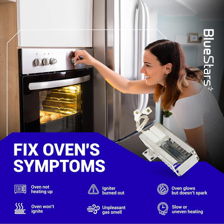 DG94-01012A gas oven igniter replacement part shown with infographic detailing common oven heating symptoms.
