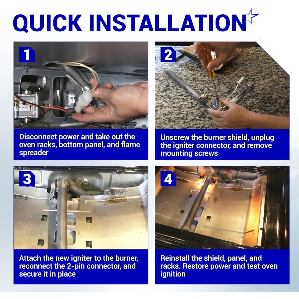 Four-step installation guide for DG94-01012A gas oven igniter replacement in Samsung oven ranges.