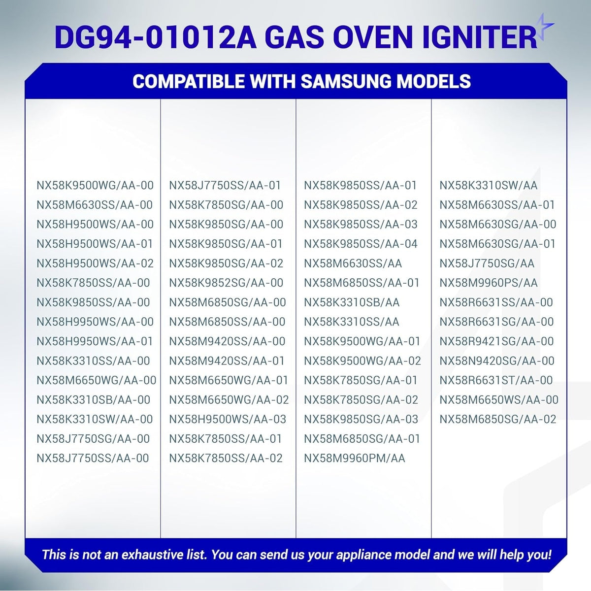 Compatibility chart for DG94-01012A gas oven igniter listing compatible Samsung oven range model numbers.