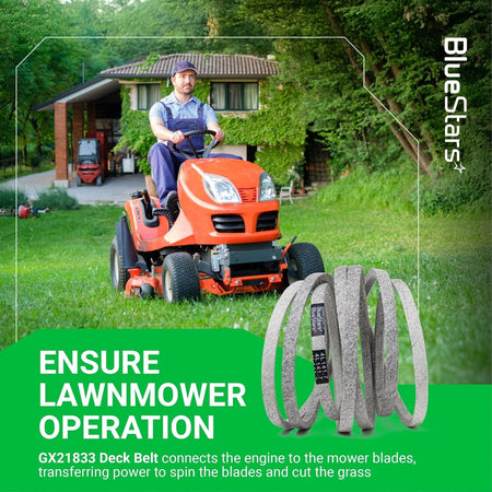 GX21833 lawn mower deck belt for John Deere 48-inch mower decks shown in a lifestyle product graphic.