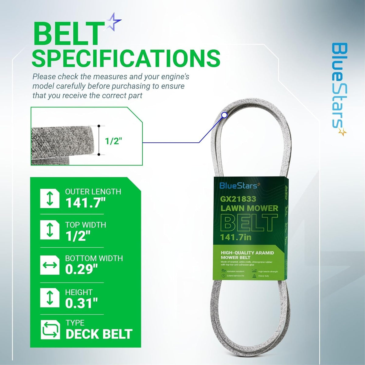 GX21833 lawn mower deck belt specification chart showing dimensions and product details.