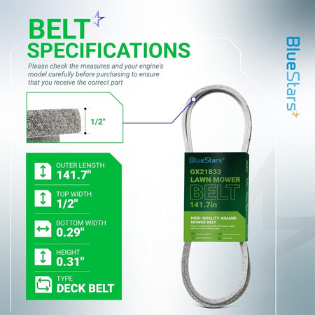 GX21833 lawn mower deck belt specification chart showing dimensions and product details.