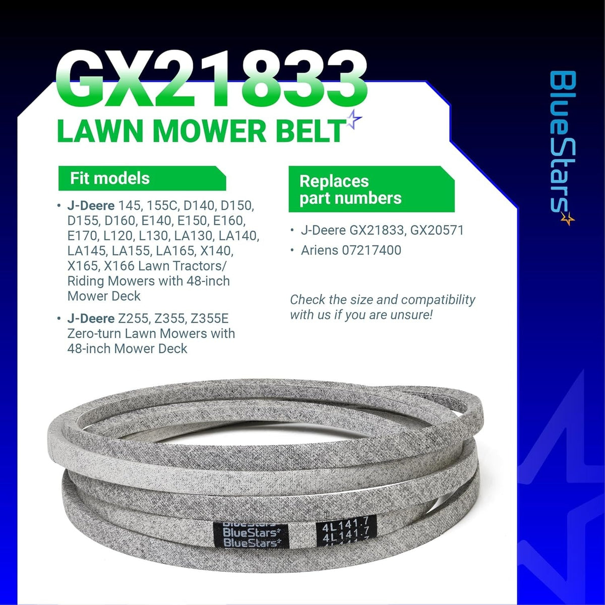 GX21833 lawn mower deck belt for 48-inch John Deere riding mowers, shown with compatibility and part number information.