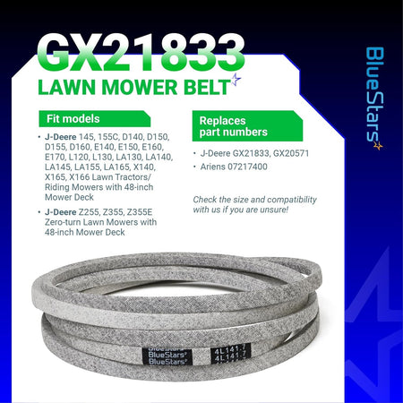 GX21833 lawn mower deck belt for 48-inch John Deere riding mowers, shown with compatibility and part number information.