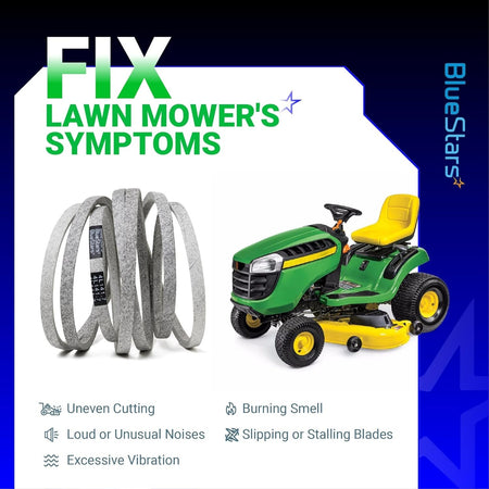 GX21833 lawn mower deck belt for John Deere, showing symptoms of wear and compatibility with 48-inch mower decks.