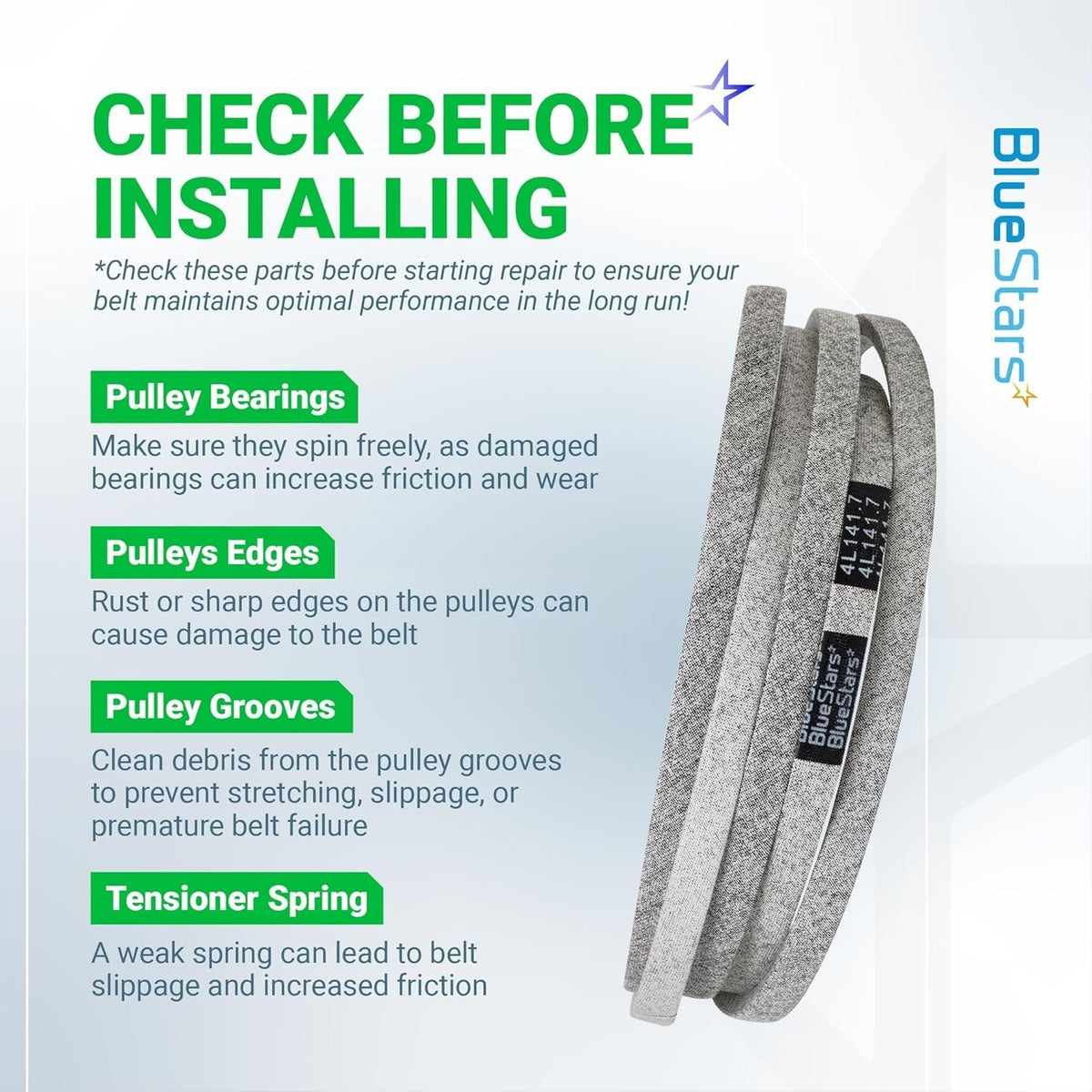 Instructional graphic for GX21833 lawn mower deck belt showing pre-installation checks for pulleys and tensioners.
