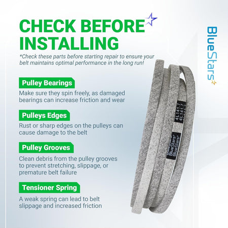Instructional graphic for GX21833 lawn mower deck belt showing pre-installation checks for pulleys and tensioners.