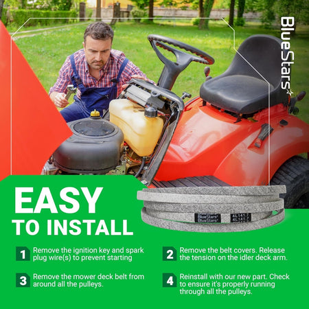 Instructional graphic showing how to install a GX21833 lawn mower deck belt on a John Deere riding mower.