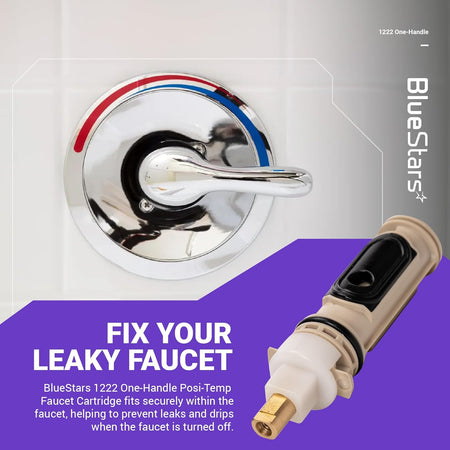 1222 one-handle faucet cartridge replacement part shown next to a chrome shower handle assembly.