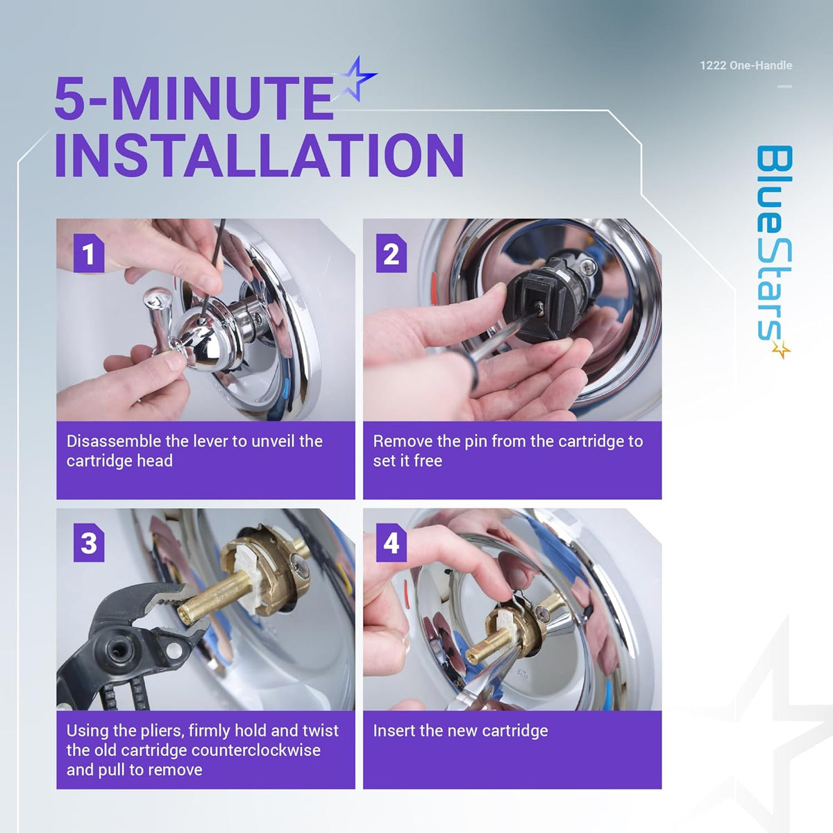 Four-step installation guide for 1222 one-handle faucet cartridge replacement.