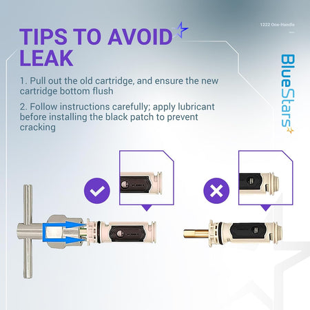 Installation guide for 1222 one-handle faucet cartridge showing correct and incorrect alignment to prevent leaks.