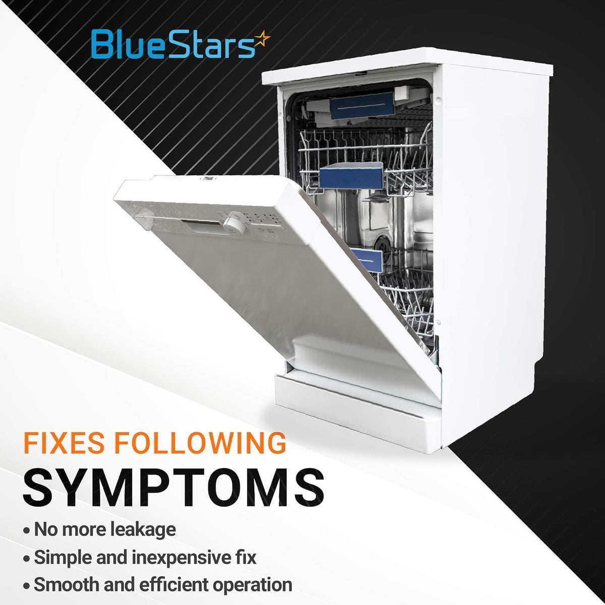 White dishwasher with open door illustrating the function of the 154701001 splash shield to prevent leakage.