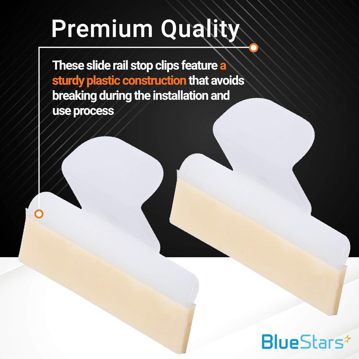 Two white plastic dishwasher slide rail stop clips with adhesive backing for Frigidaire and Kenmore dishwashers.
