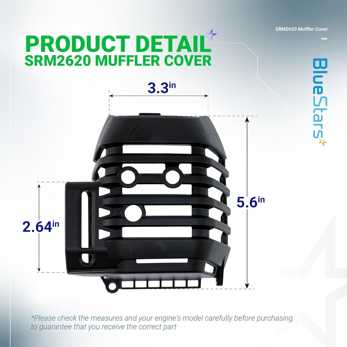 A320001200 muffler cover for Echo and Shindaiwa trimmers, shown with detailed product dimensions.