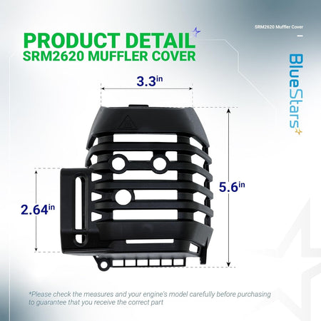 A320001200 muffler cover for Echo and Shindaiwa trimmers, shown with detailed product dimensions.