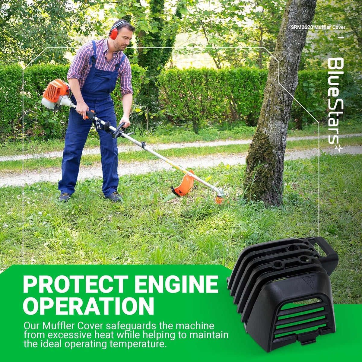 A320001200 muffler cover for Echo and Shindaiwa trimmers shown in a product application graphic.