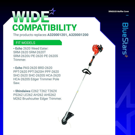 Infographic showing compatibility for A320001200 muffler cover with Echo and Shindaiwa trimmers and brushcutters.