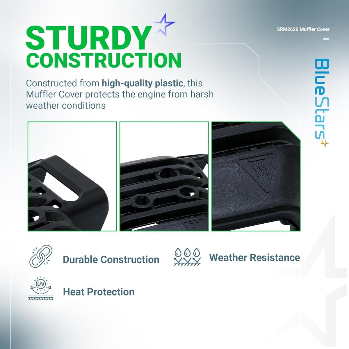 Infographic showing close-up details of the A320001200 muffler cover for Echo and Shindaiwa trimmers.