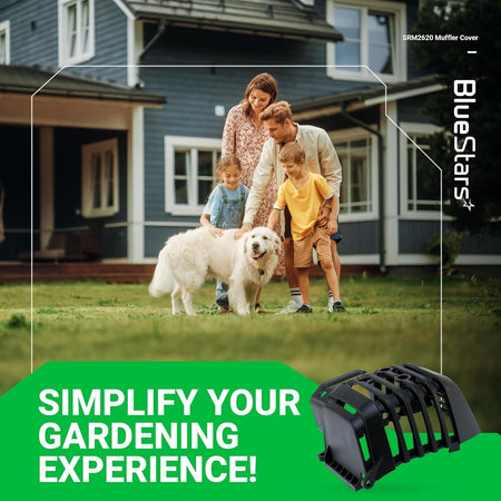 A320001200 muffler cover for Echo and Shindaiwa trimmers, shown in a lifestyle marketing graphic.