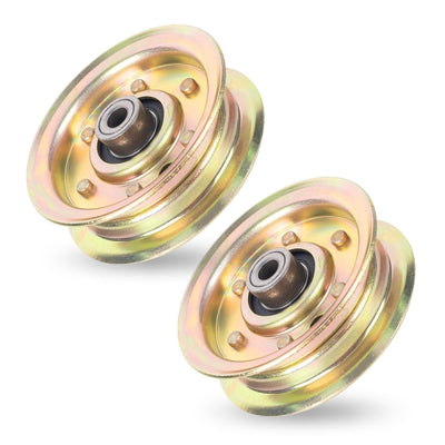 Set of two GY22172 flat idler pulleys for John Deere lawn tractor mower decks.